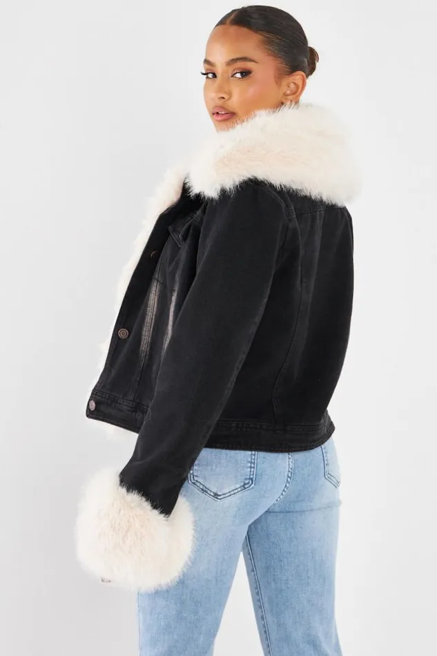 Women Veste En Jean Fourrure NoirBeige Black Brentiny Paris Jackets