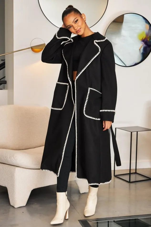 Women Veste Longue Noire Coutures Blanches Black Brentiny Paris Jackets