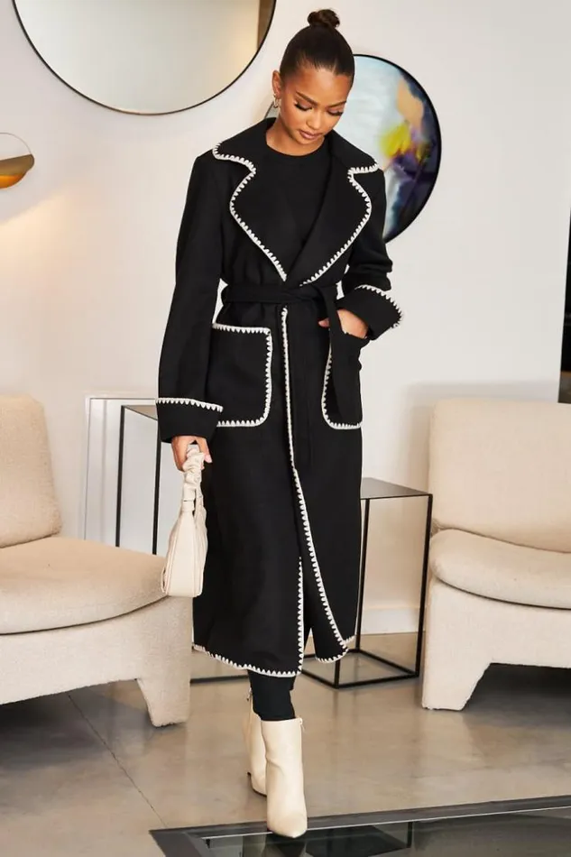 Women Veste Longue Noire Coutures Blanches Black Brentiny Paris Jackets
