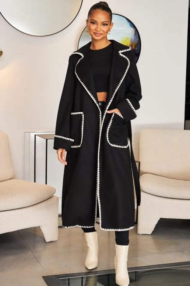 Women Veste Longue Noire Coutures Blanches Black Brentiny Paris Jackets
