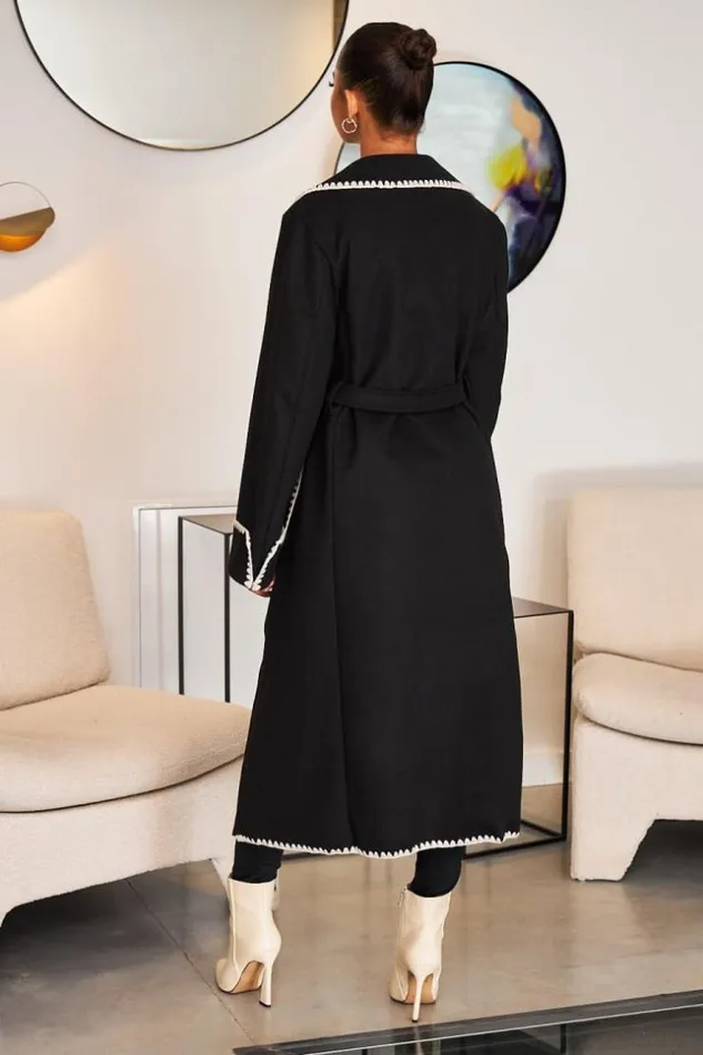 Women Veste Longue Noire Coutures Blanches Black Brentiny Paris Jackets