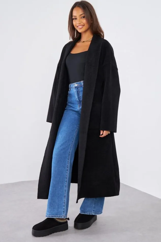 Women Veste Longue Noire Texture Black Brentiny Paris Jackets