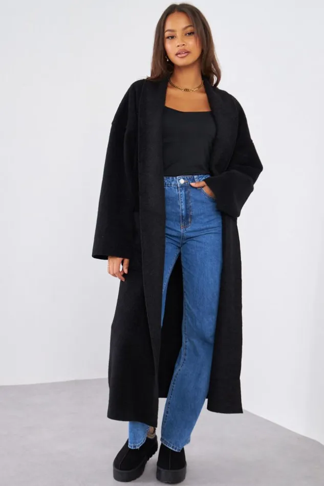 Women Veste Longue Noire Texture Black Brentiny Paris Jackets