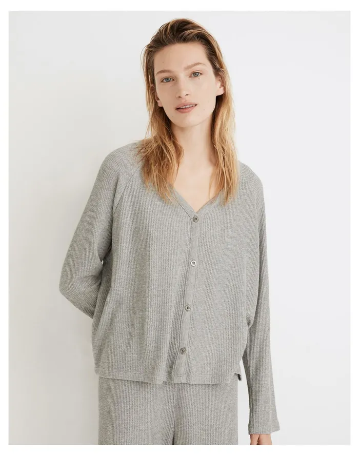 Women Waffle Knit Button Front Pajama Top Salt And Pepper Heather Madewell Pajamas