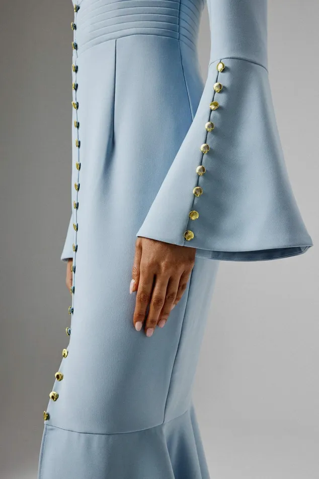 Women Wedding Guest Lavish Alice SERENA Fluted Sleeve Micro Shell Button Midi Dress In Light Blue Light Blue