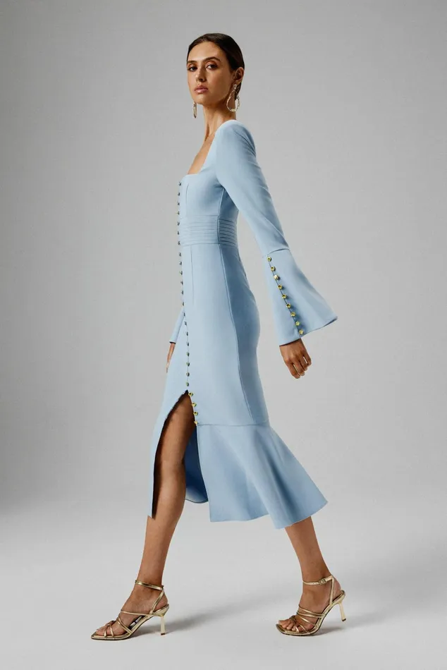 Women Wedding Guest Lavish Alice SERENA Fluted Sleeve Micro Shell Button Midi Dress In Light Blue Light Blue