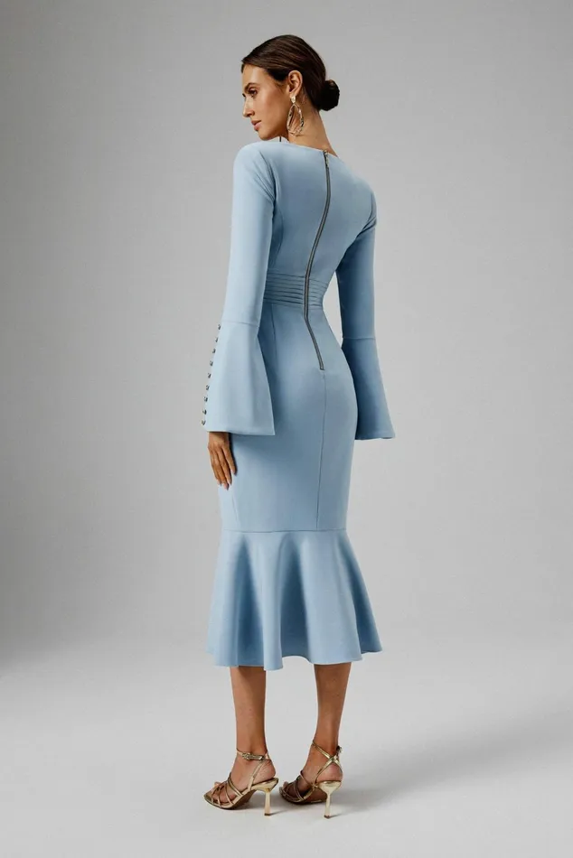 Women Wedding Guest Lavish Alice SERENA Fluted Sleeve Micro Shell Button Midi Dress In Light Blue Light Blue
