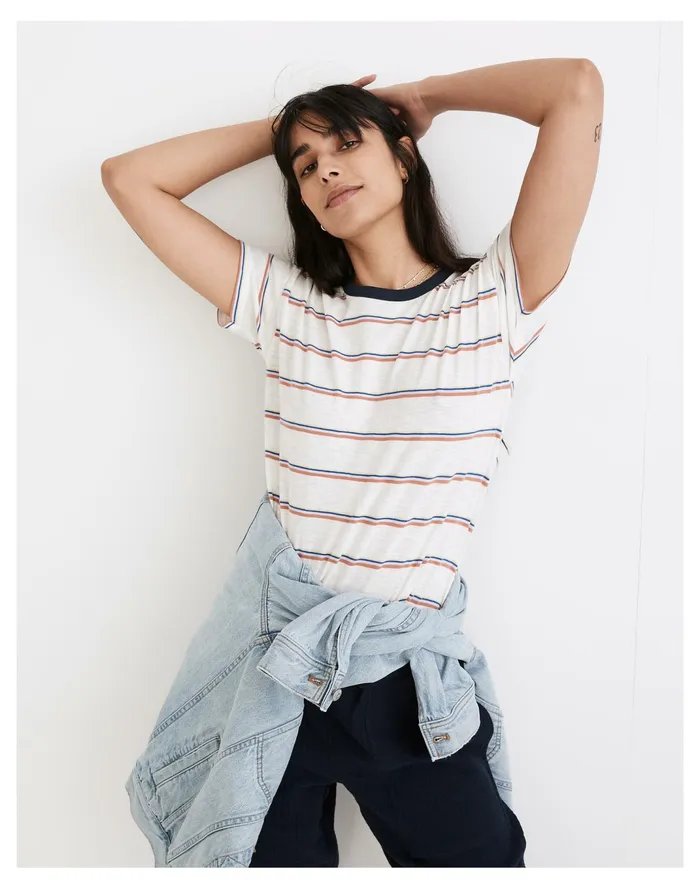 Women Whisper Cotton Rib Crewneck Ringer Tee In Altair Stripe Crisp Pear Madewell Tees