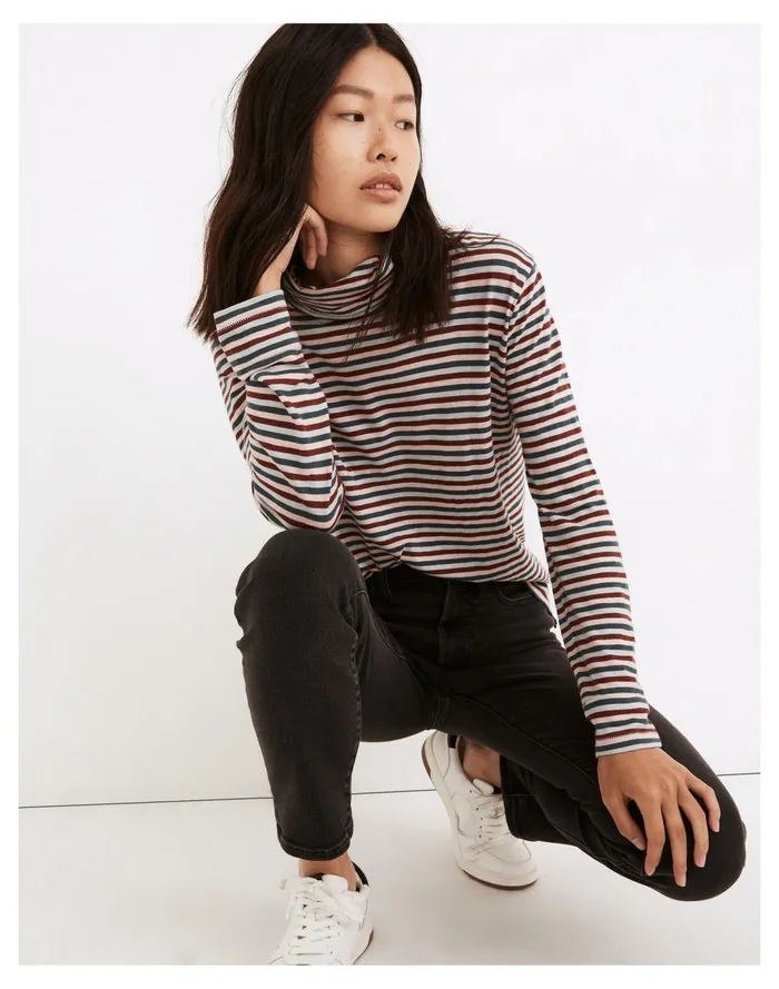 Women Whisper Cotton Turtleneck In Herrick Stripe Midnight Green Madewell Tees