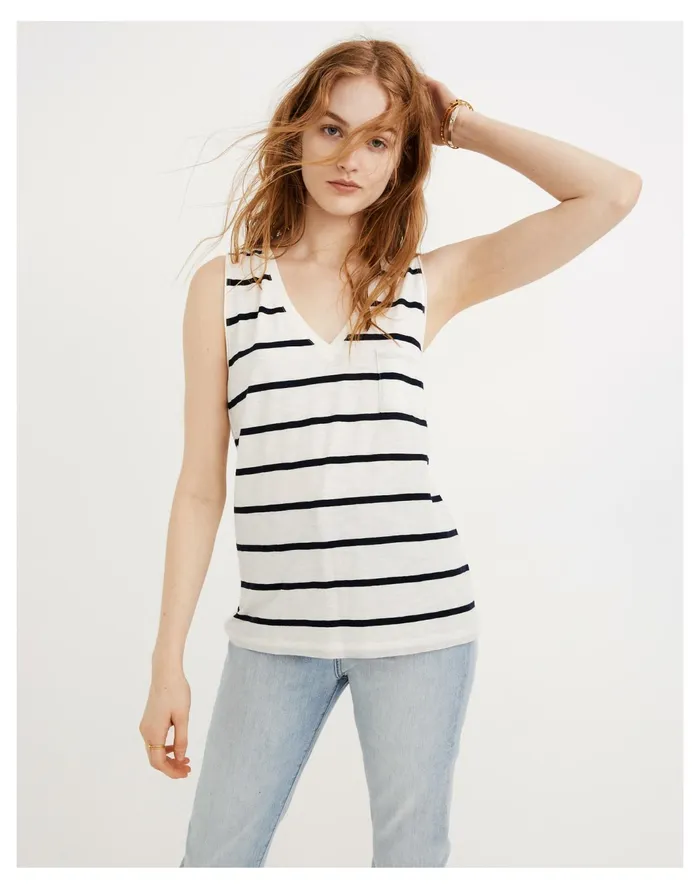 Women Whisper Cotton V Neck Pocket Tank In Creston Stripe Peppy Stripe Bright Ivory Madewell Tees Women Whisper Cotton V Neck Pocket Tank In Creston Stripe Peppy Stripe Bright Ivory Madewell Tees