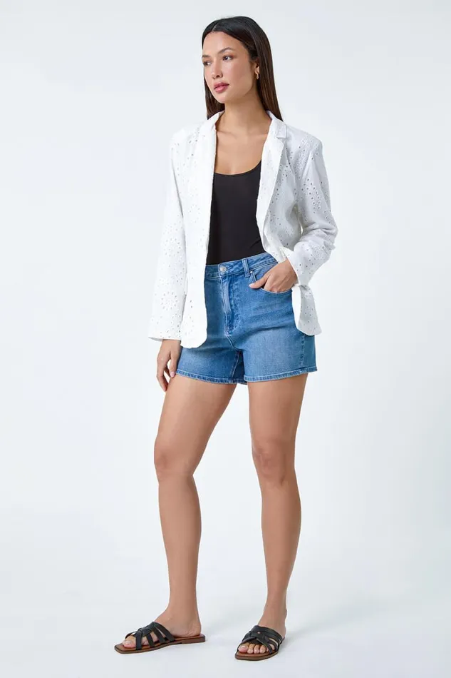 Women White Cotton Broderie Blazer Jacket Roman Jackets