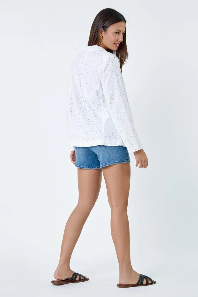 Women White Cotton Broderie Blazer Jacket Roman Jackets