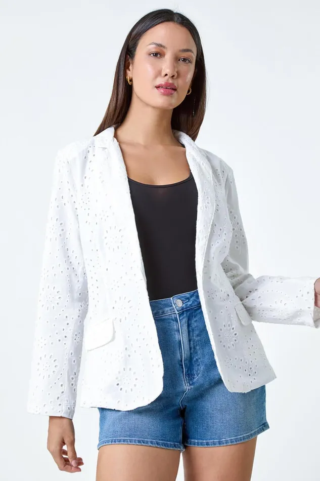 Women White Cotton Broderie Blazer Jacket Roman Jackets