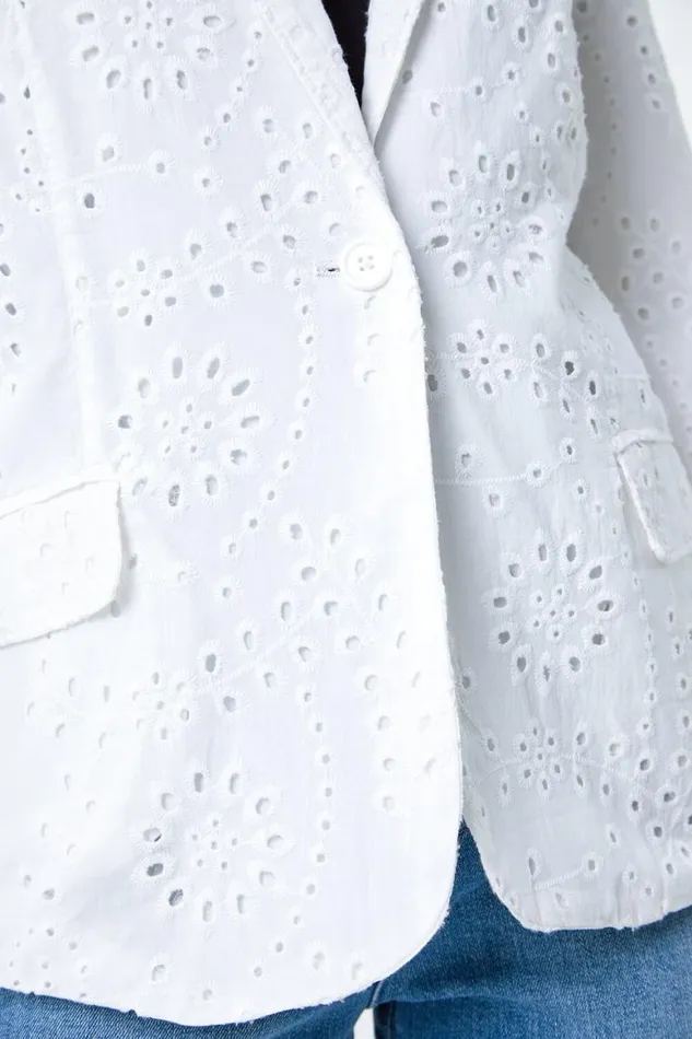Women White Cotton Broderie Blazer Jacket Roman Jackets