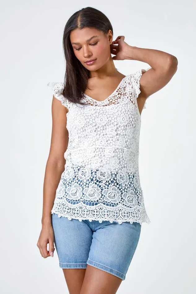 Women White Cotton Crochet Frill Sleeve Top Roman Tops