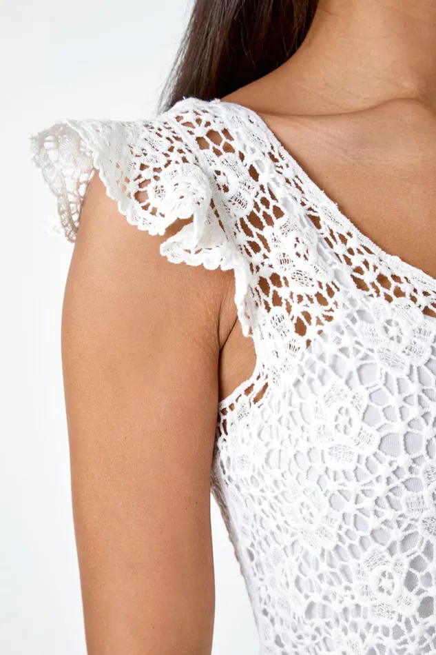 Women White Cotton Crochet Frill Sleeve Top Roman Tops