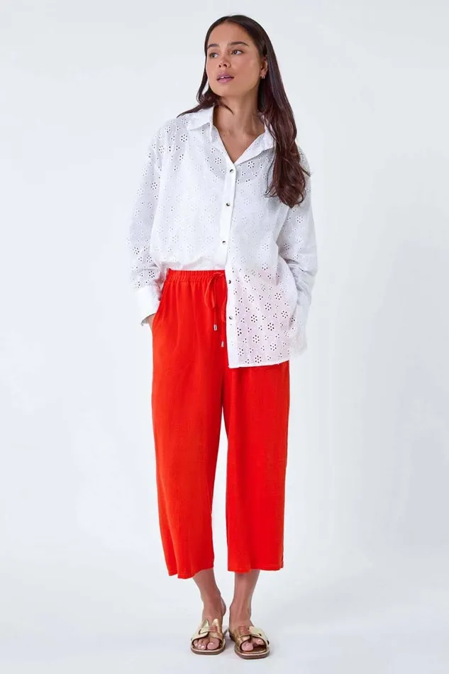 Women White Petite Cotton Broderie Button Blouse Roman Tops