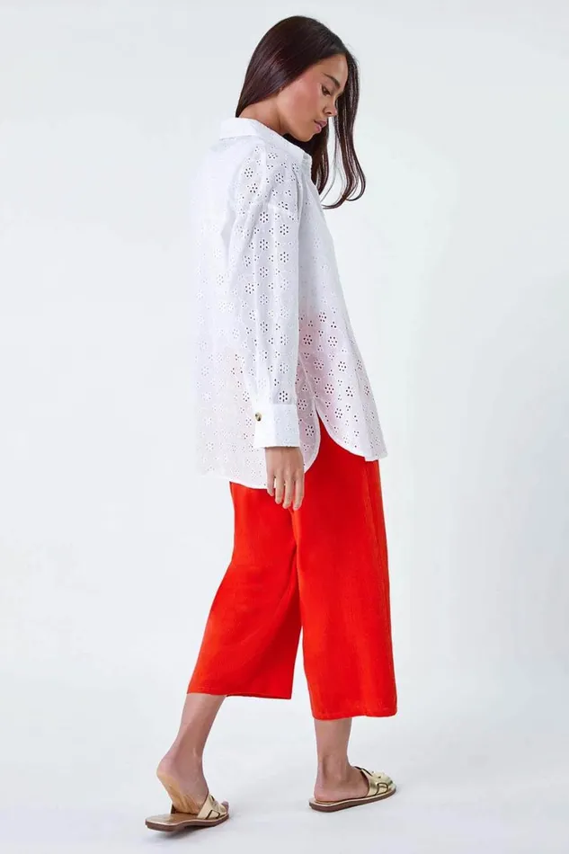 Women White Petite Cotton Broderie Button Blouse Roman Tops