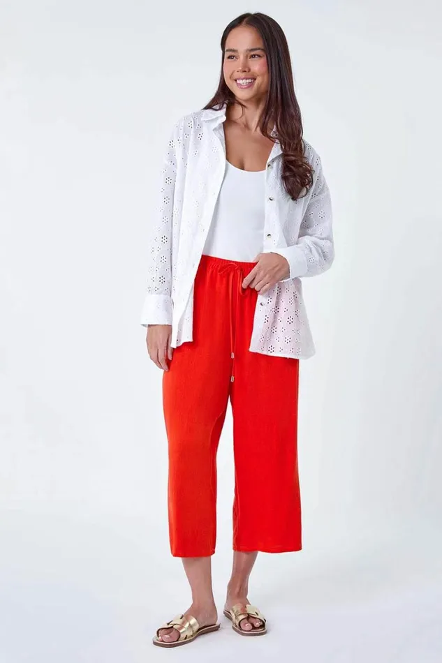 Women White Petite Cotton Broderie Button Blouse Roman Tops