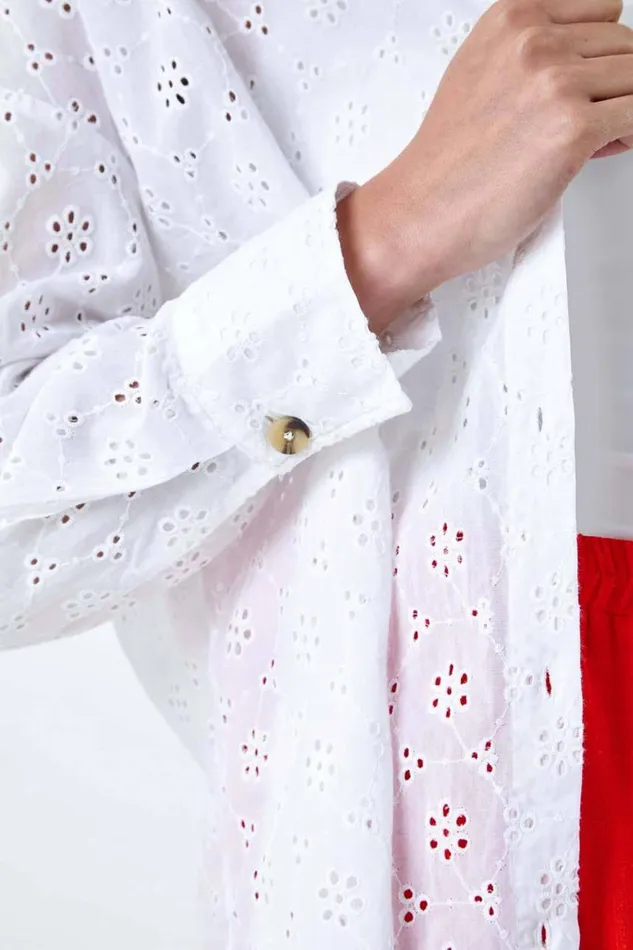 Women White Petite Cotton Broderie Button Blouse Roman Tops