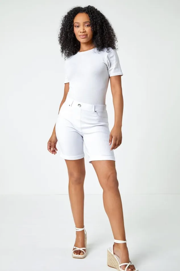 Women White Petite Turned Hem Elastic Waist Shorts Roman Shorts