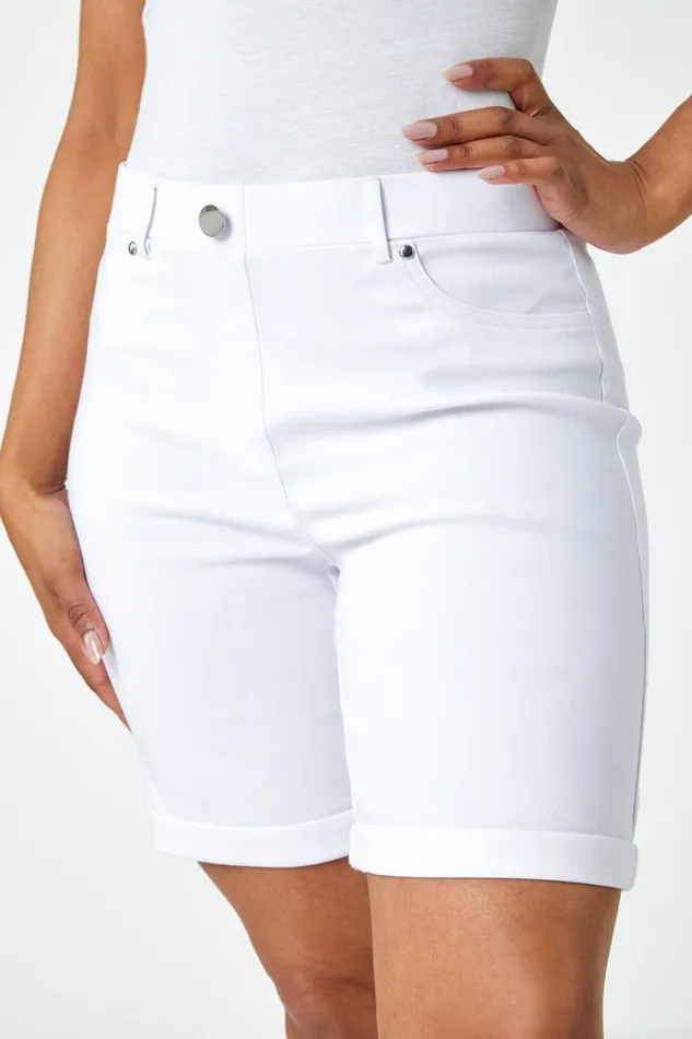 Women White Petite Turned Hem Elastic Waist Shorts Roman Shorts