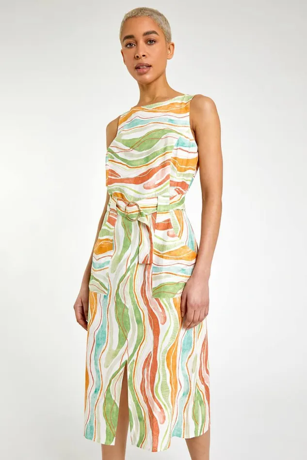 Women White Retro Wave Belted Midi Dress Roman Dresses