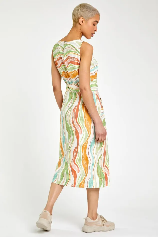 Women White Retro Wave Belted Midi Dress Roman Dresses