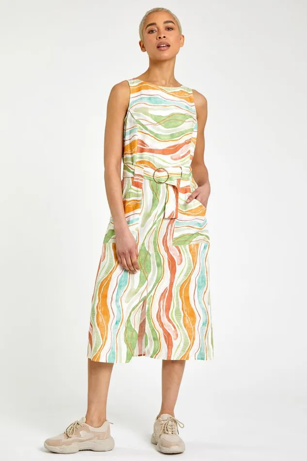 Women White Retro Wave Belted Midi Dress Roman Dresses
