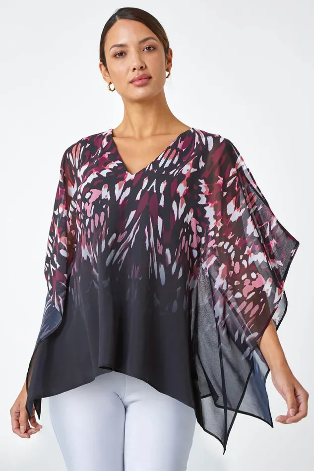 Women Wine Abstract Print Chiffon Overlay VNeck Top Roman Tops