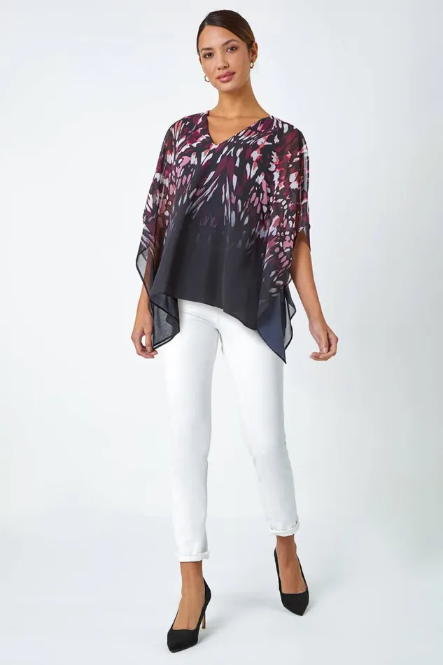 Women Wine Abstract Print Chiffon Overlay VNeck Top Roman Tops