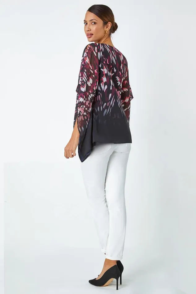 Women Wine Abstract Print Chiffon Overlay VNeck Top Roman Tops