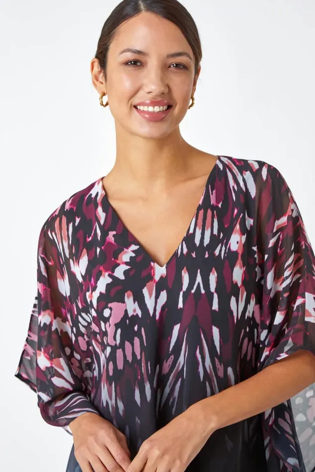 Women Wine Abstract Print Chiffon Overlay VNeck Top Roman Tops