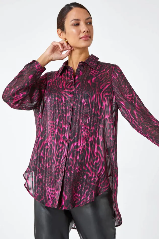 Women Wine Animal Print Chiffon Blouse Roman Tops