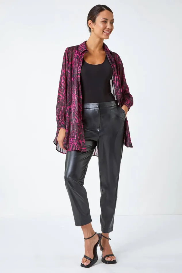 Women Wine Animal Print Chiffon Blouse Roman Tops