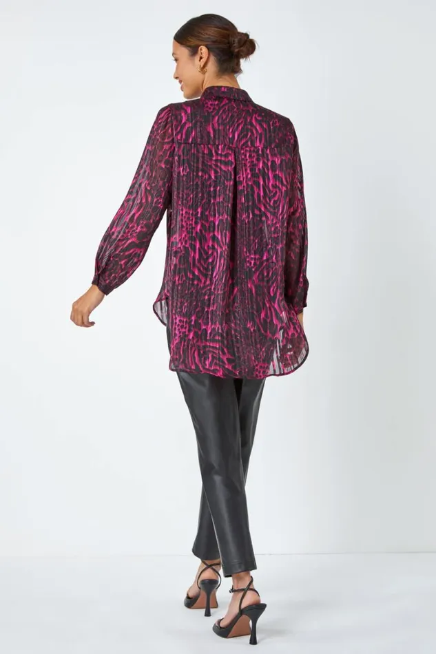 Women Wine Animal Print Chiffon Blouse Roman Tops