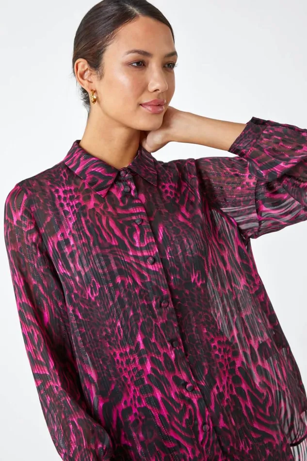 Women Wine Animal Print Chiffon Blouse Roman Tops