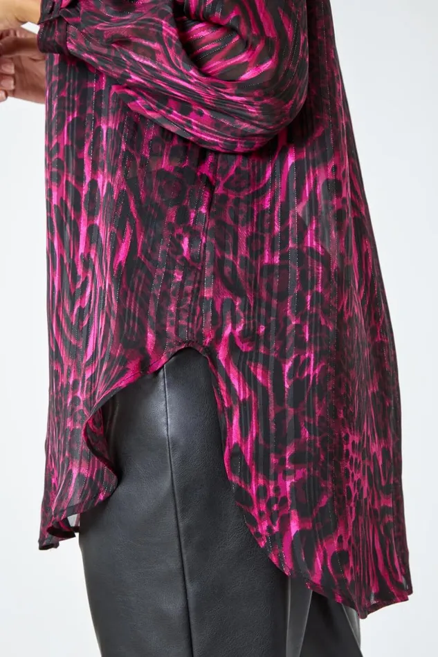 Women Wine Animal Print Chiffon Blouse Roman Tops