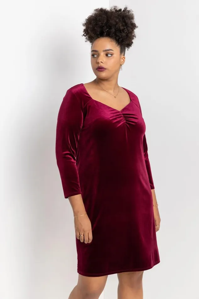 Women Wine Curve Sweetheart Neck Velvet Dress Roman Dresses