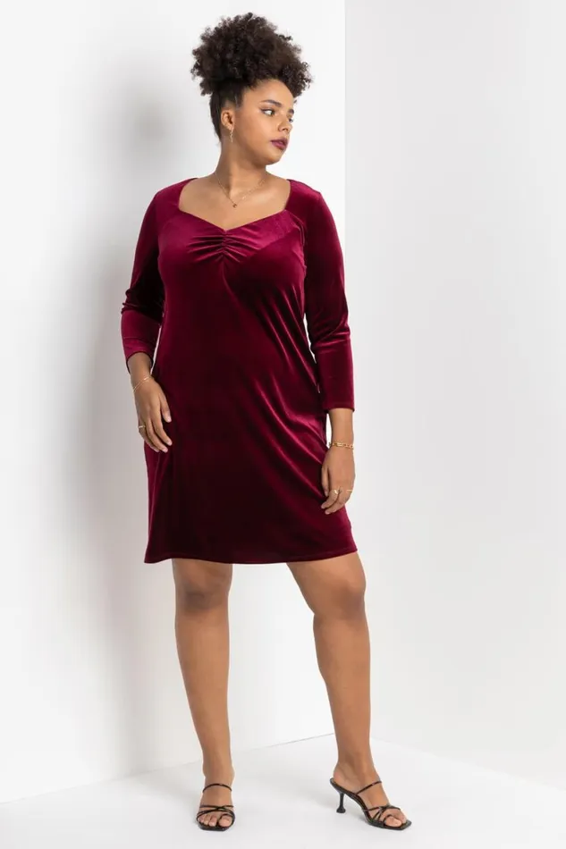 Women Wine Curve Sweetheart Neck Velvet Dress Roman Dresses