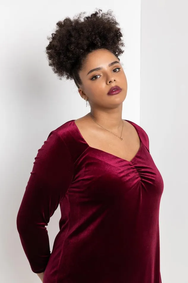 Women Wine Curve Sweetheart Neck Velvet Dress Roman Dresses
