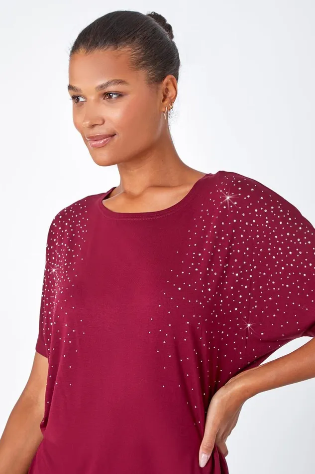 Women Wine Embellished Stretch TShirt Roman Tops