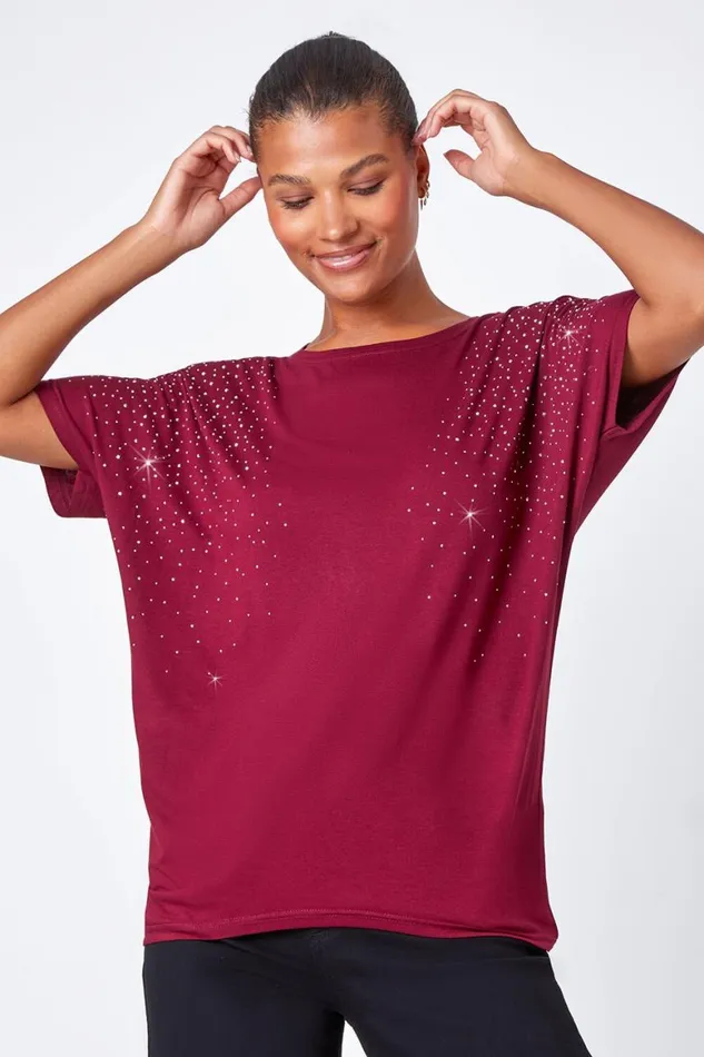 Women Wine Embellished Stretch TShirt Roman Tops