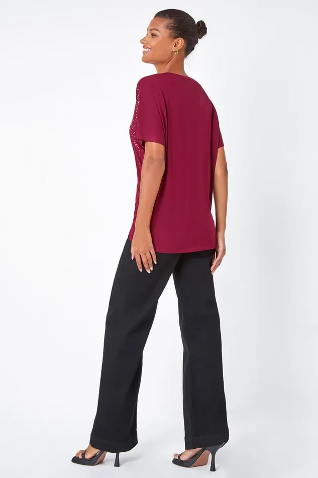 Women Wine Embellished Stretch TShirt Roman Tops