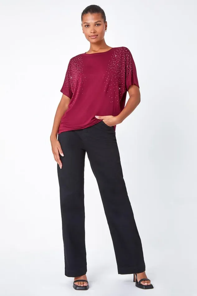 Women Wine Embellished Stretch TShirt Roman Tops