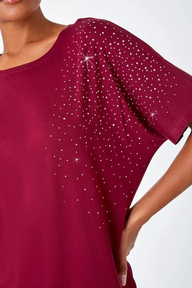 Women Wine Embellished Stretch TShirt Roman Tops