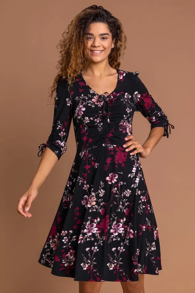 Women Wine Floral Print Gathered Dress Roman Dresses
