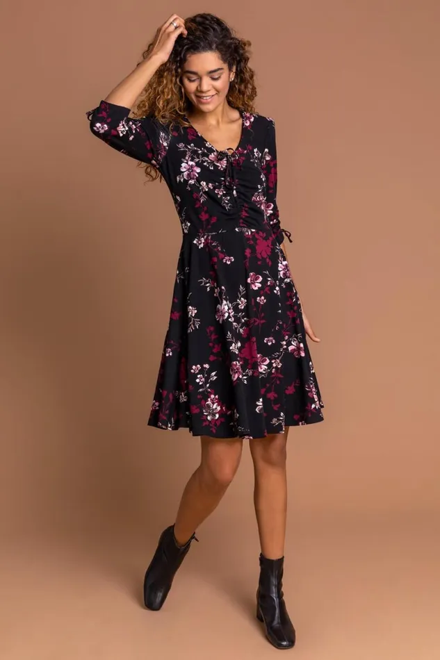 Women Wine Floral Print Gathered Dress Roman Dresses