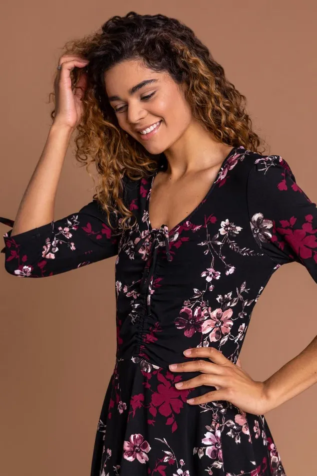 Women Wine Floral Print Gathered Dress Roman Dresses