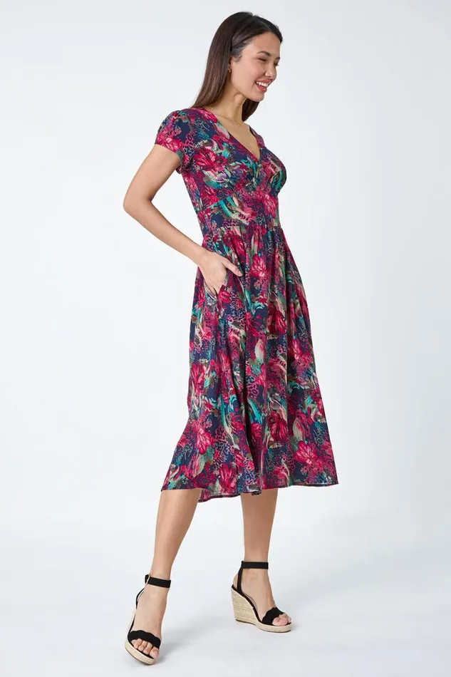 Women Wine Floral Print Shirred Midi Dress Roman Dresses